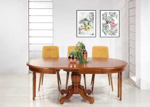 Table ronde pieds central Sabine réalisée en merisier massif de style Louis Philippe DIAMETRE 120 + 2 allonges de 40 cm