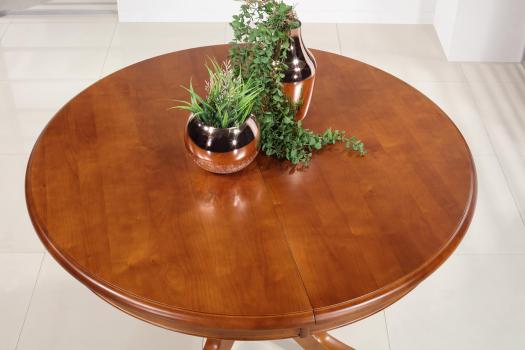 Table ronde pieds central Sabine réalisée en merisier massif de style Louis Philippe DIAMETRE 120 + 2 allonges de 40 cm