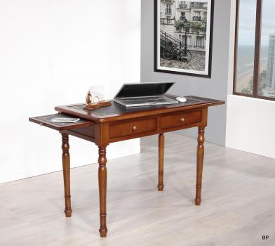 Table à écrire 2 tiroirs réalisée en Merisier de style Louis Philippe Surface d'écriture noir