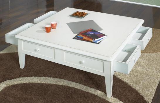 Table basse 100x100 Iris réalisée en Merisier de style Directoire Ivoire patiné et usé