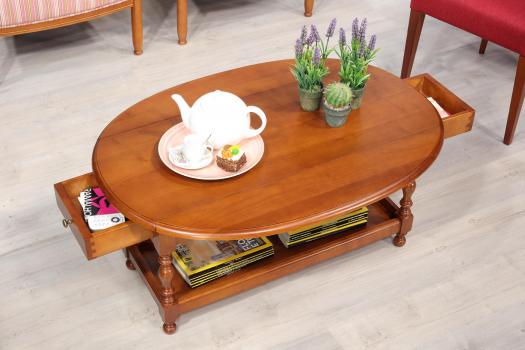 Table Basse Ovale à volets Zoé  réalisée en merisier massif de style Louis Philippe