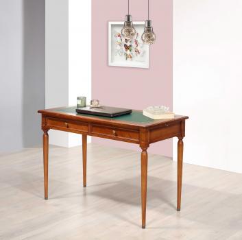 Table à écrire Romy réalisée en merisier de style Louis XVI, Surface d'écriture recouverte d'une moleskine verte.