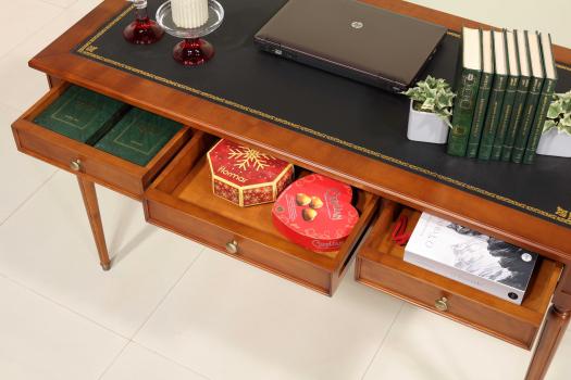 Table à écrire 3 tiroirs Léna réalisée en merisier de style Louis XVI Surface d'écriture revêtue d'une moleskine noire,