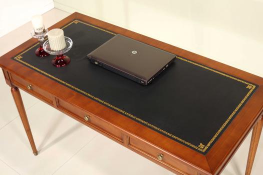 Table à écrire 3 tiroirs Léna réalisée en merisier de style Louis XVI Surface d'écriture revêtue d'une moleskine noire,