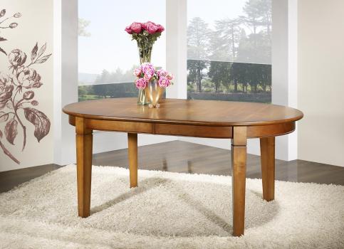 Table ovale 180x110 réalisée en Merisier de style Campagne, 4 Pieds fuseaux  2 ALLONGES PORTEFEUILLES 