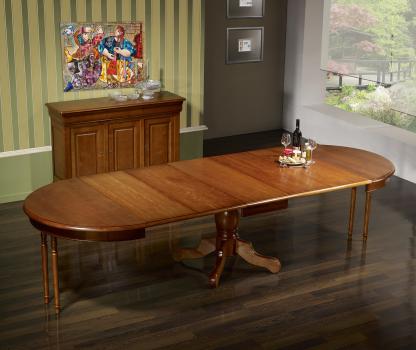 Table ronde pied central Aline réalisée en Merisier Massif de style Louis Philippe Diamètre 120 5 allonges de 40 cm 