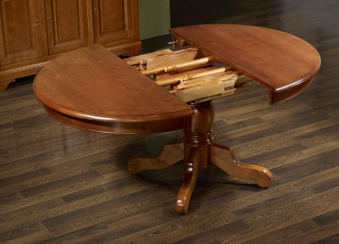 Table ronde pied central Aline réalisée en Merisier Massif de style Louis Philippe Diamètre 120 5 allonges de 40 cm 