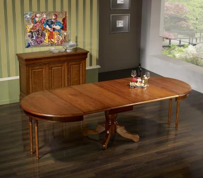 Table ronde pied central Sophie réalisée en Merisier Massif de style Louis Philippe Diamètre 120 4 allonges de 40 cm 