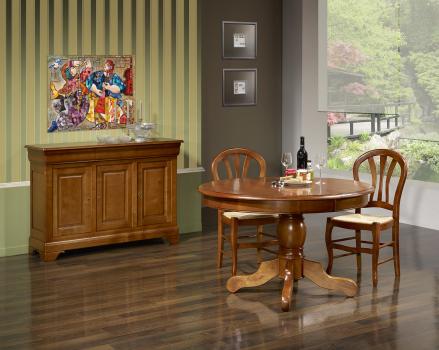 Table ronde pied central Sophie réalisée en Merisier Massif de style Louis Philippe Diamètre 120 4 allonges de 40 cm 
