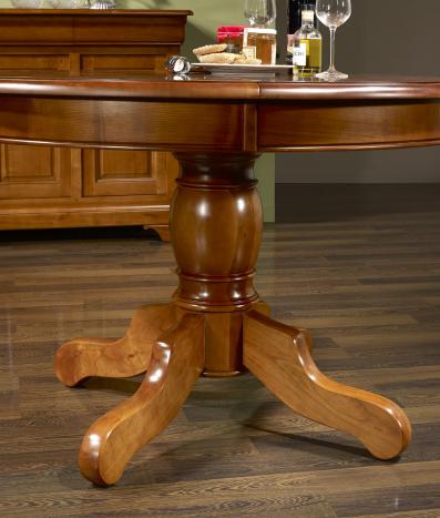 Table ronde pied central Sophie réalisée en Merisier Massif de style Louis Philippe Diamètre 120 4 allonges de 40 cm 