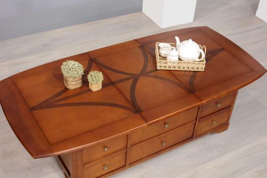 Table basse rectangulaire Laurence réalisée en Merisier avec 1 allonge incorporée de 40 cm 