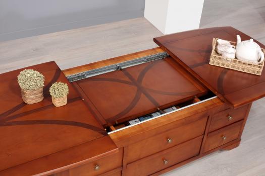 Table basse rectangulaire Laurence réalisée en Merisier avec 1 allonge incorporée de 40 cm 