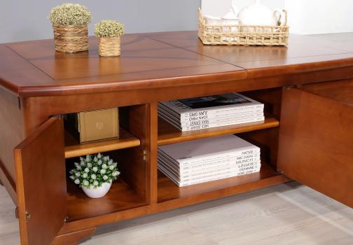 Table basse rectangulaire Laurence réalisée en Merisier avec 1 allonge incorporée de 40 cm 