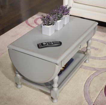 Table basse à volets Marie-Laure réalisée en merisier massif de style Louis Philippe Finition Gris usé et patiné