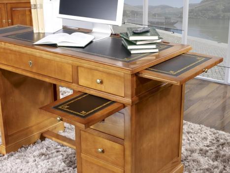 Petit Bureau Lucie réalisé en Merisier de style Louis Philippe Surface d'écriture en moleskine noire.