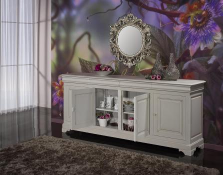 Buffet 4 portes 4 tiroirs Léa réalisé en Merisier Massif de style Louis Philippe Finition Gris Perle 