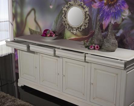 Buffet 4 portes 4 tiroirs Léa réalisé en Merisier Massif de style Louis Philippe Finition Gris Perle 