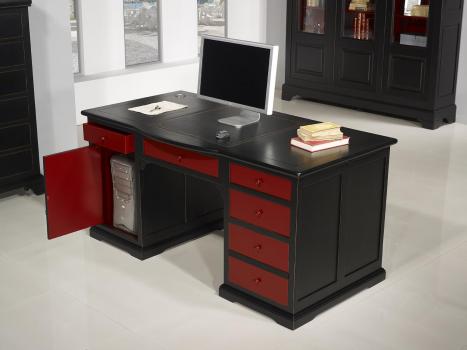 Superbe Bureau Ministre Spécial informatique réalisé en Merisier de style Louis Philippe Patiné Noir et Rouge