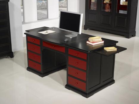 Superbe Bureau Ministre Spécial informatique réalisé en Merisier de style Louis Philippe Patiné Noir et Rouge