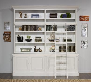 Bibliothèque 2 corps 4 portes Anne-Sophie, réalisée en Merisier Massif de style Directoire AVEC ECHELLE Finition Gris PERLE et IVOIRE