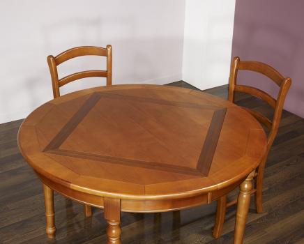 Table ronde 4 pieds plateau marquetté réalisée en Merisier de style Louis Philippe DIAMETRE 120 Finition Merisier Doré vieilli