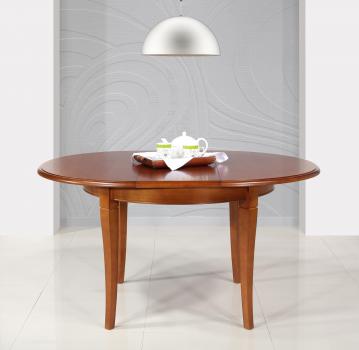 Table ronde 4 pieds Juliette, réalisée en Merisier Massif de style Louis Philippe 1 allonge portefeuille Diamètre 110 