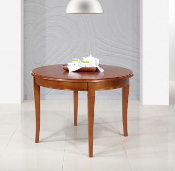 Table ronde 4 pieds Juliette, réalisée en Merisier Massif de style Louis Philippe 1 allonge portefeuille Diamètre 110 