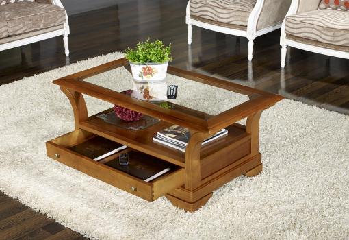 Table Basse Constance réalisée en Merisier Massif de style Louis Philippe Plateau Verre 