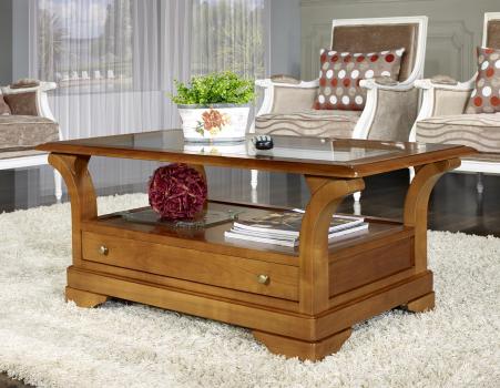 Table Basse Constance réalisée en Merisier Massif de style Louis Philippe Plateau Verre 