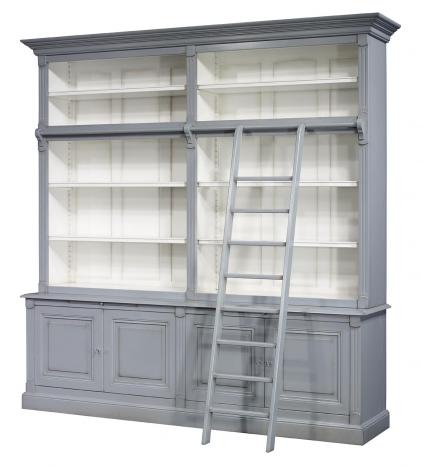 Bibliothèque 2 corps 4 portes Anne-Sophie, réalisée en Merisier Massif de style Directoire AVEC ECHELLE Finition Gris souris et IVOIRE