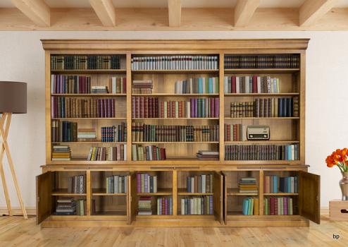 Bibliothèque 2 corps Adeline réalisée en Merisier Massif de style Louis Philippe longueur 350 cm 
