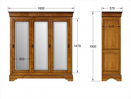 Armoire 3 portes Christine réalisée en Merisier Massif de style Louis Philippe PORTES COULISSANTES AVEC  MIROIR