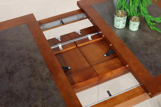 Table de repas Jeanne réalisée en Merisier Massif Pieds Fuseaux Plateau céramique, 140x100 avec 2 allonges intégrées de 40 cm