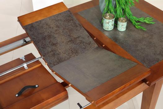 Table de repas Jeanne réalisée en Merisier Massif Pieds Fuseaux Plateau céramique, 140x100 avec 2 allonges intégrées de 40 cm
