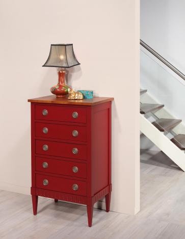 Commode 5 tiroirs Judith réalisée en merisier de style Directoire Finition rouge patiné