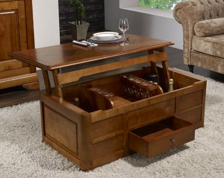 Table Basse Bar PAUL réalisée en merisier de style Louis Philippe Plateau escamotable 