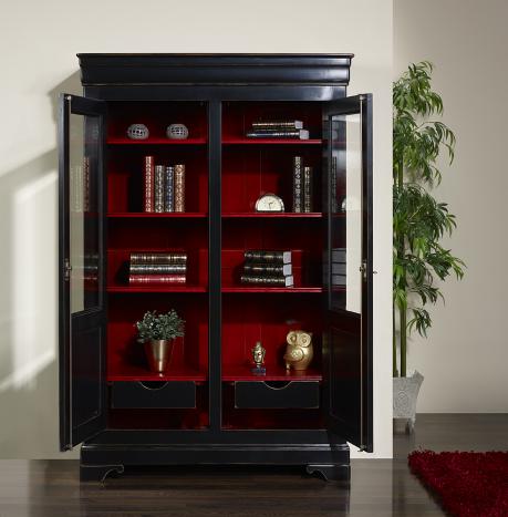 Bibliothèque 2 portes Aurore réalisée en merisier massif de style Louis Philippe Finition Noir et Rouge Patiné