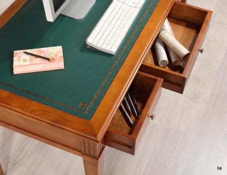 Bureau 3 tiroirs Agathe réalisé en Merisier Massif de style Directoire Surface d'écriture recouverte d'une moleskine verte