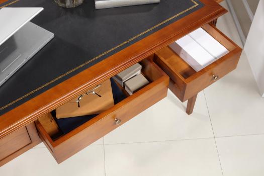 Bureau 3 tiroirs Agathe réalisé en Merisier de style Directoire Surface d'écriture recouverte d'une moleskine noir