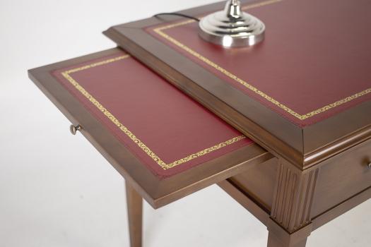 Bureau 3 tiroirs Agathe réalisé en Merisier Massif de style Directoire Surface d'écriture recouverte d'une moleskine bordeaux 
