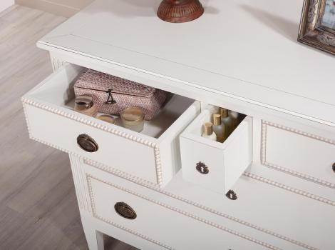 Commode 5 tiroirs Victoria de style Louis XVI réalisée en merisier Patiné Ivoire 