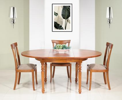 Table ronde Martine réalisée en Merisier Massif de style Louis Philippe, 4 pieds tournés Diamètre 120 1 allonge portefeuille de 50 cm 