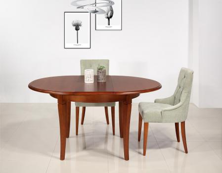 Table ronde 4 pieds Juliette, réalisée en Merisier Massif de style Louis Philippe 1 allonge portefeuille Diamètre 110 cm