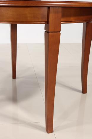 Table ronde 4 pieds Juliette, réalisée en Merisier Massif de style Louis Philippe 1 allonge portefeuille Diamètre 110 cm
