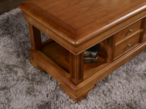 Table basse Camille en Merisier de style Louis Philippe 2 TIROIRS EN VA ET VIENT 