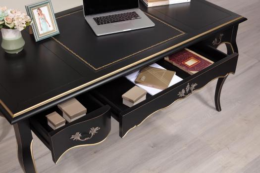 Bureau Ministre réalisé en Merisier de Style Louis XV laque Noir et Or Patiné et Usuré