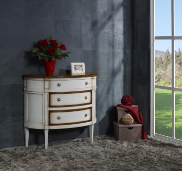 Commode 1/2 Lune 3 tiroirs en Merisier de style Louis XVI, LAQUEE GRIS ET TEINTE DU BOIS