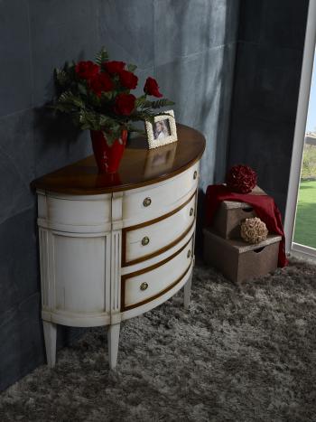 Commode 1/2 Lune 3 tiroirs en Merisier de style Louis XVI, LAQUEE GRIS ET TEINTE DU BOIS