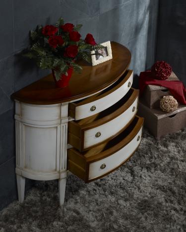 Commode 1/2 Lune 3 tiroirs en Merisier de style Louis XVI, LAQUEE GRIS ET TEINTE DU BOIS