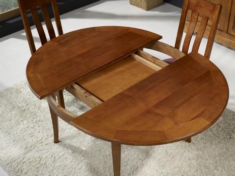 Table ronde Célia réalisé en merisier, 4 pieds Directoire Diamètre 130 - 1 allonge incorporée rangée sous le plateau